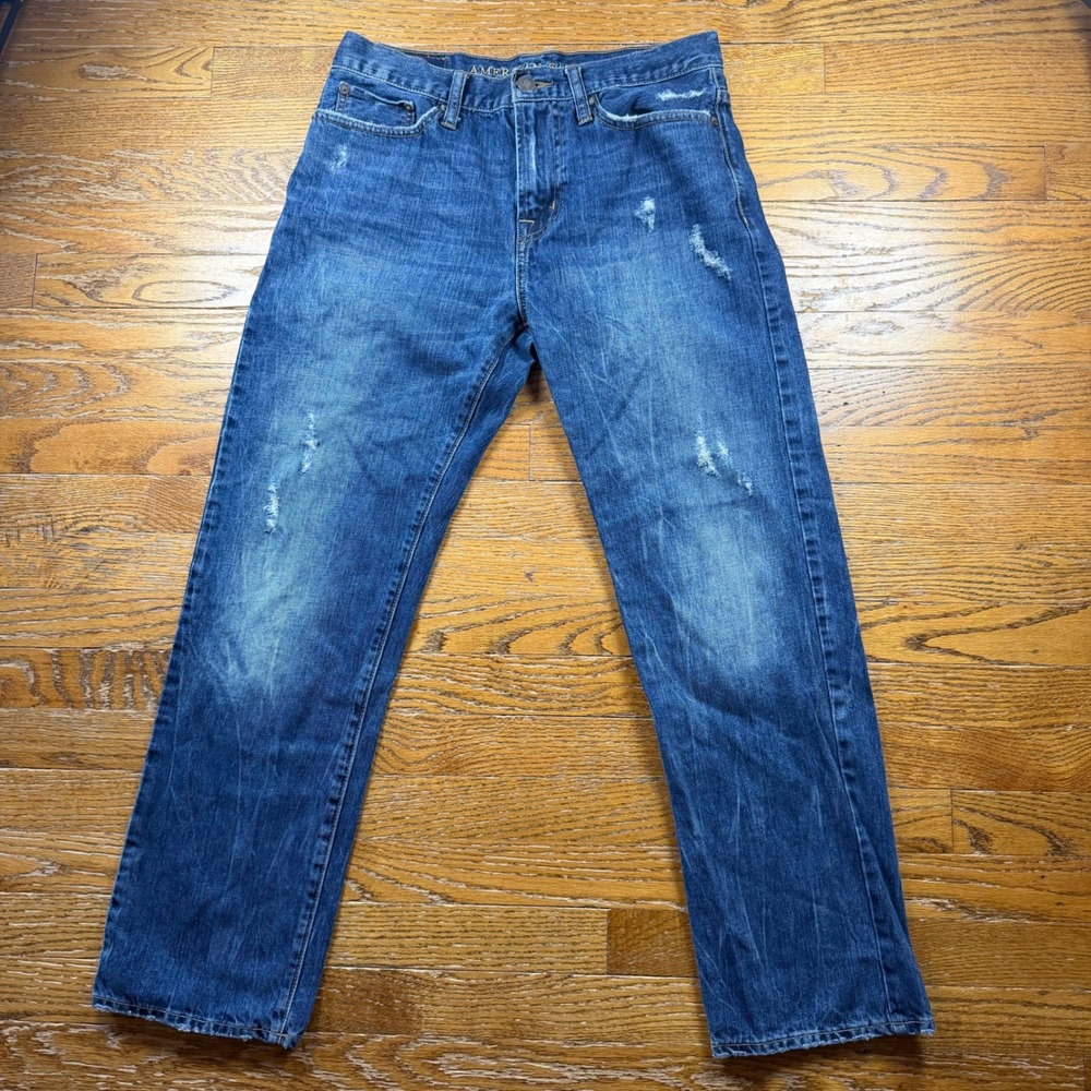 Y2K American Eagle Relaxed Straight‎ Jeans Mens 30x30 Blue Distressed Denim